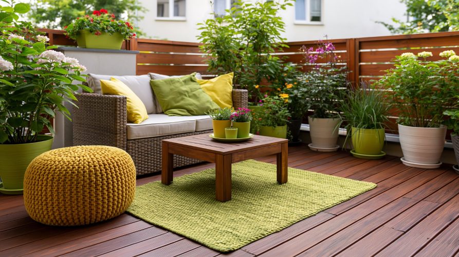 Terrasse extérieure confortable avec canapé en osier et plantes en pot